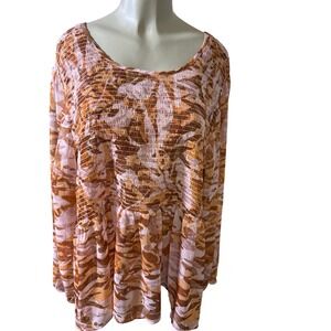 Women Sheer Smocked Tiered Tunic Top 26/28 Orange Brown Abstract, Y2K, Metallic